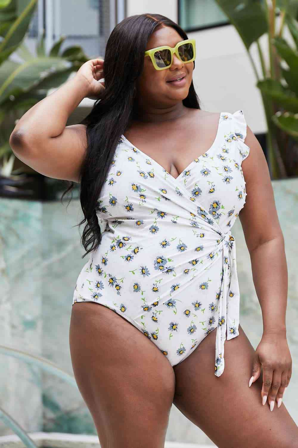 Marina West Swim Float On Ruffle Faux Wrap One-Piece in Daisy Cream for a perfect OOTD – dress to impress outfits from Amexza