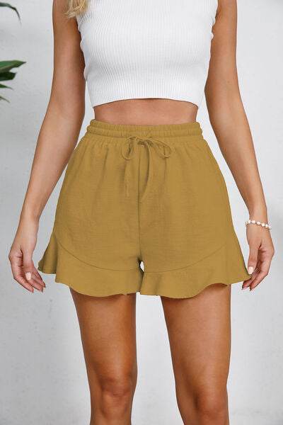 Full Size Drawstring Ruffle Hem Shorts Honey for a perfect OOTD – dress to impress outfits from Amexza