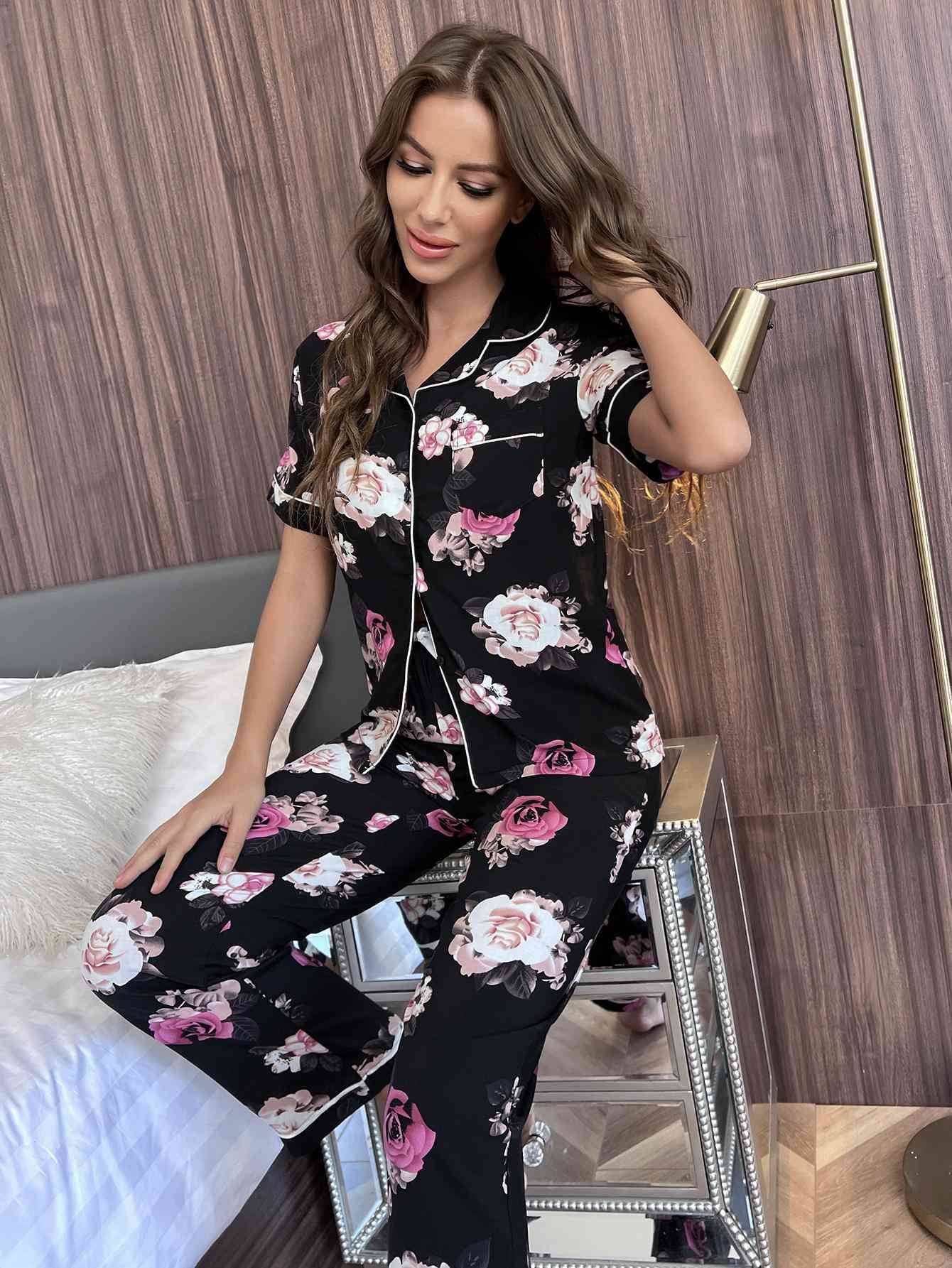 Floral Short Sleeve Shirt and Pants Lounge Set for a perfect OOTD – dress to impress outfits from Amexza