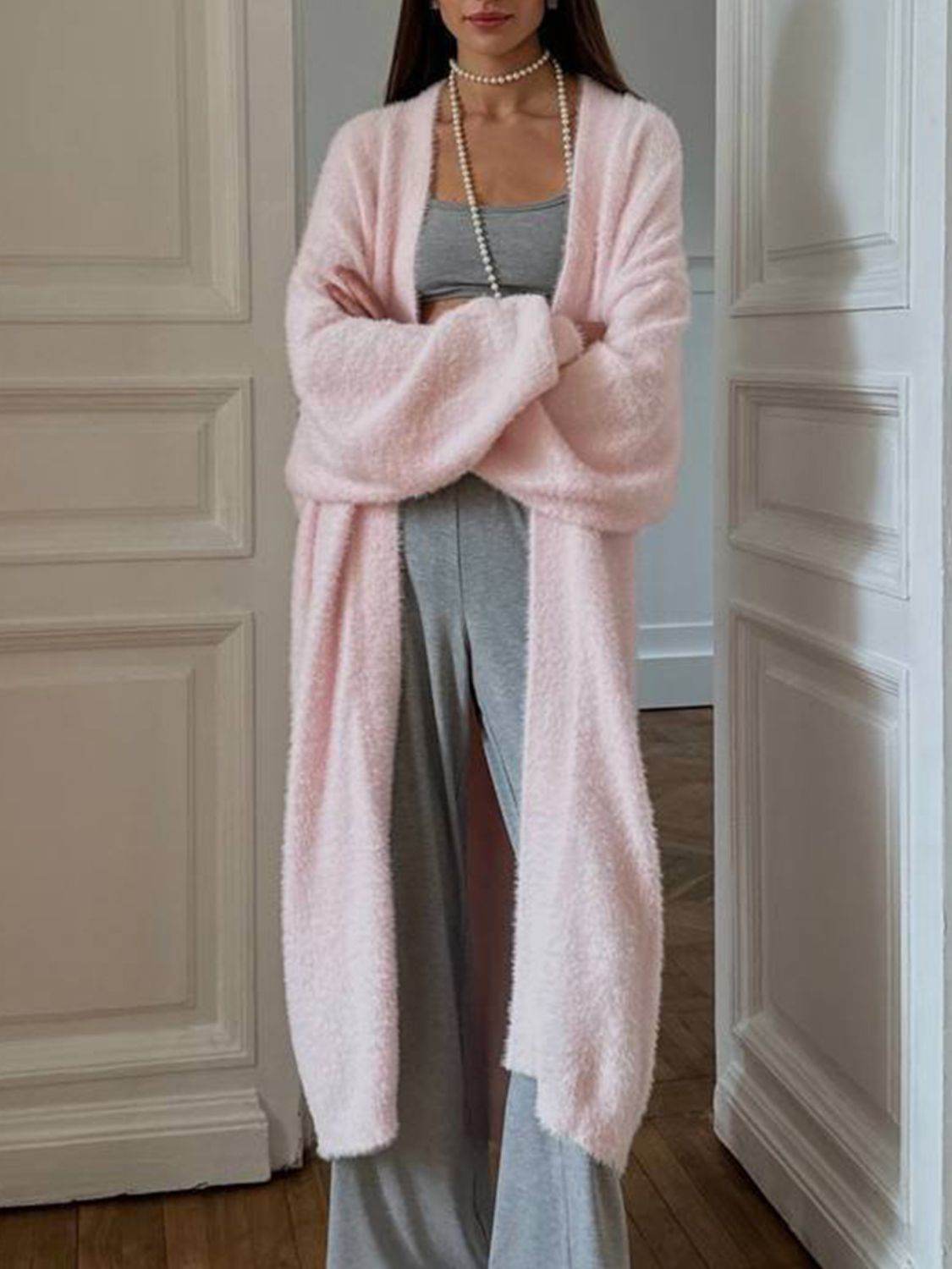 Fuzzy Open Front Solid Color Cardigan for a perfect OOTD – dress to impress outfits from Amexza