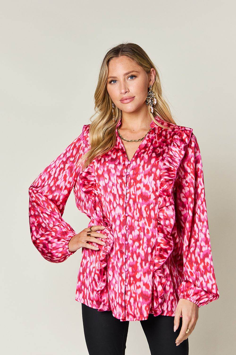 Double Take Full Size Printed Ruffle Trim Balloon Sleeve Shirt Hot Pink for a perfect OOTD – dress to impress outfits from Amexza