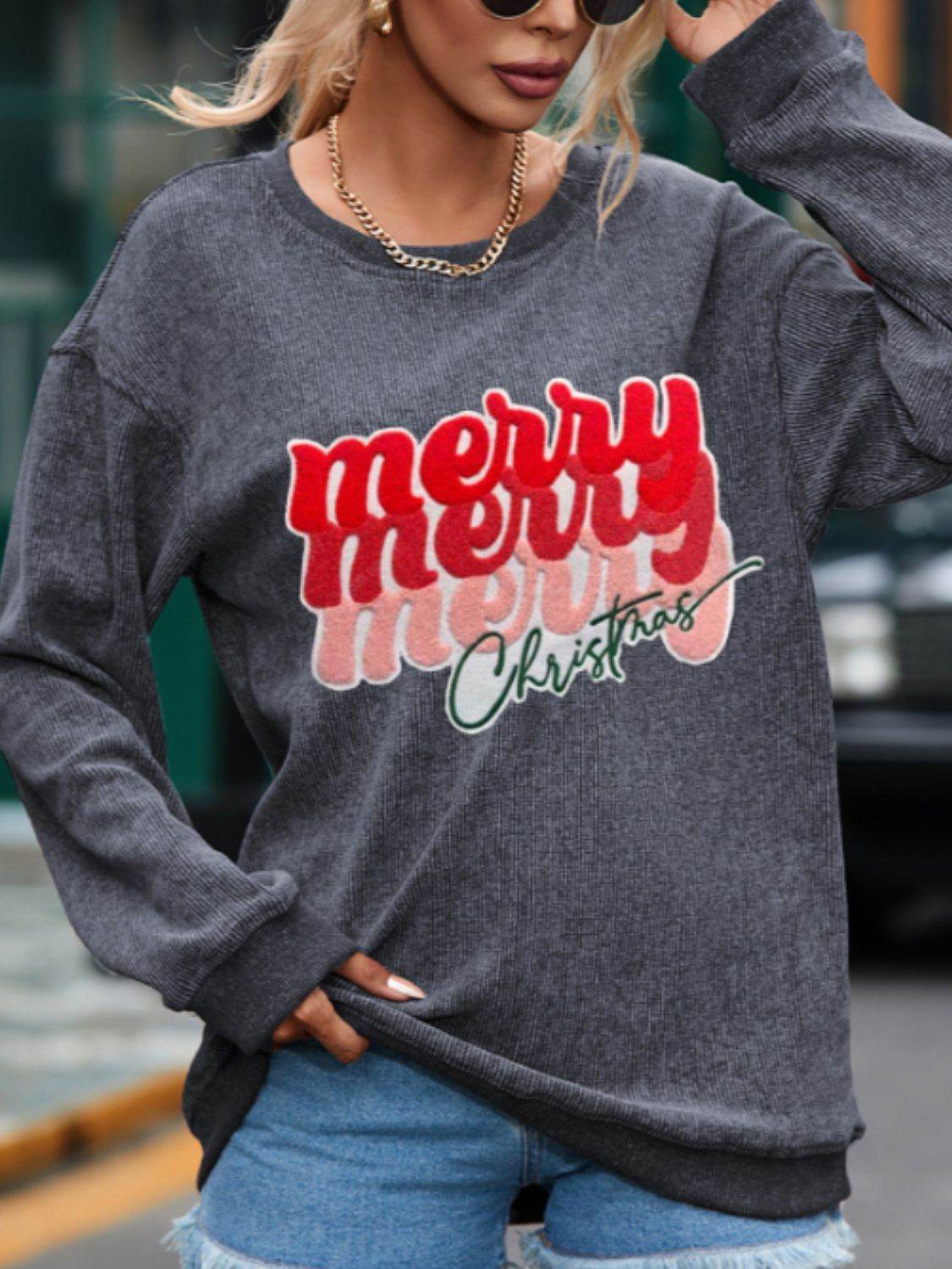 Full Size MERRY CHRISTMAS Round Neck Long Sleeve Sweatshirt - Amexza