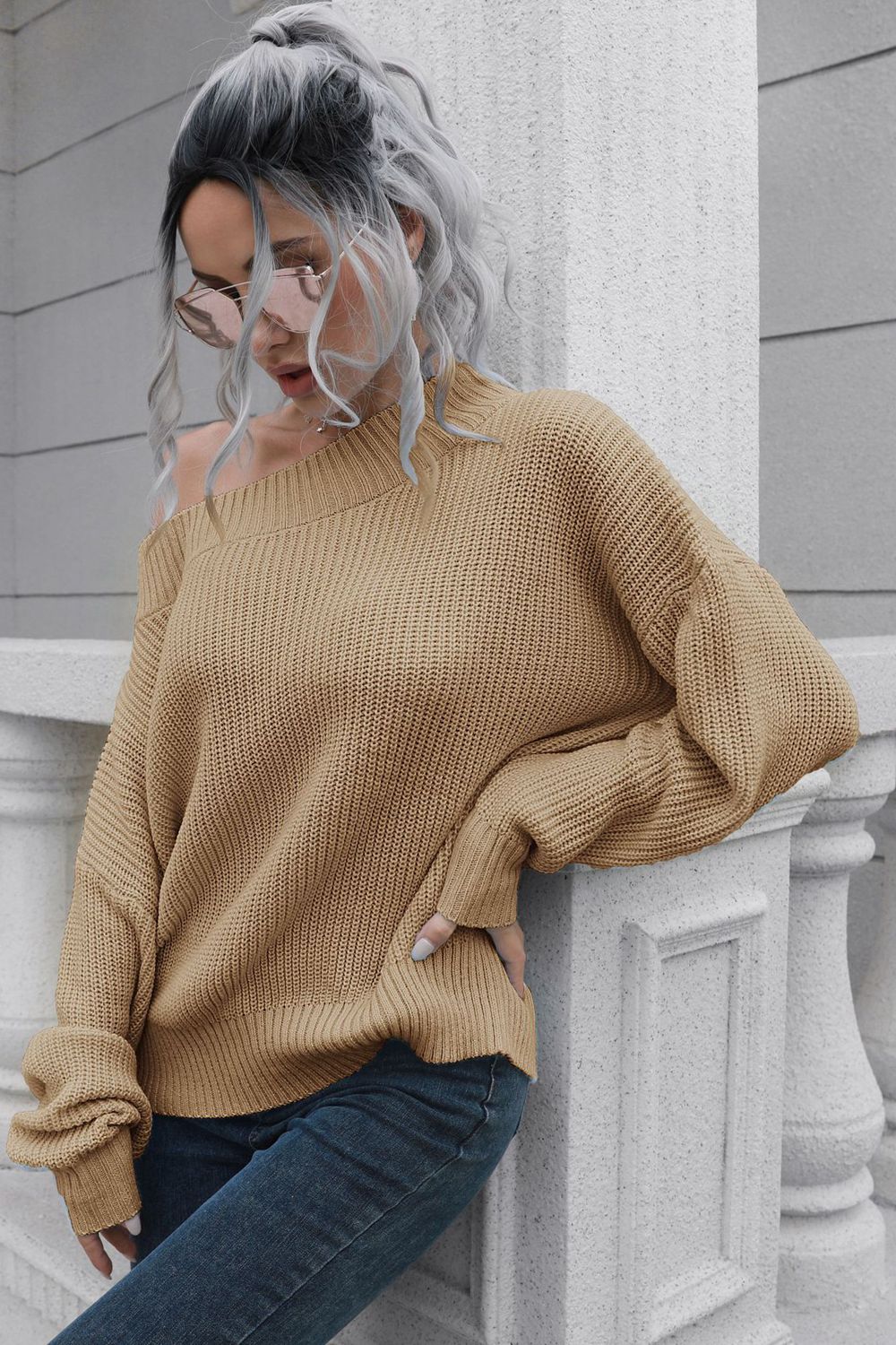 Off-Shoulder Ribbed Long Sleeve Pullover Sweater for a perfect OOTD – dress to impress outfits from Amexza