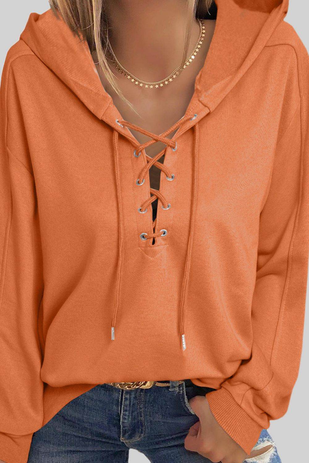 Lace Up Long Sleeve Hoodie - Amexza