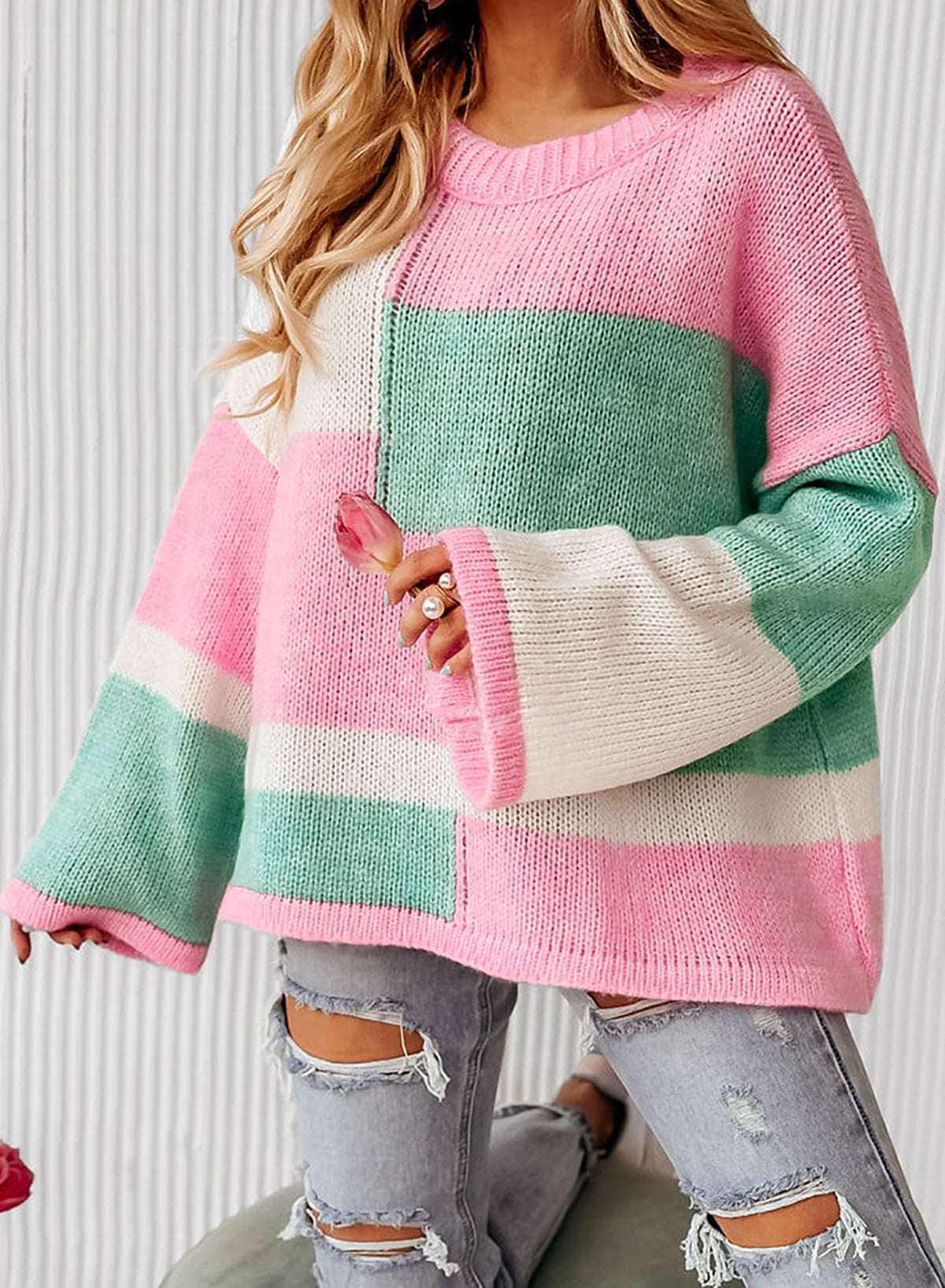 Color Block Round Neck Drop Shoulder Sweater Blush Pink for a perfect OOTD – dress to impress outfits from Amexza