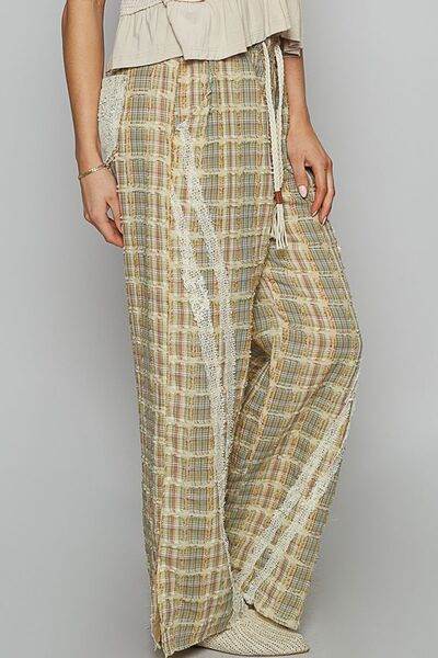 POL Lace Trim Drawstring Checkered Wide Leg Pants for a perfect OOTD – dress to impress outfits from Amexza