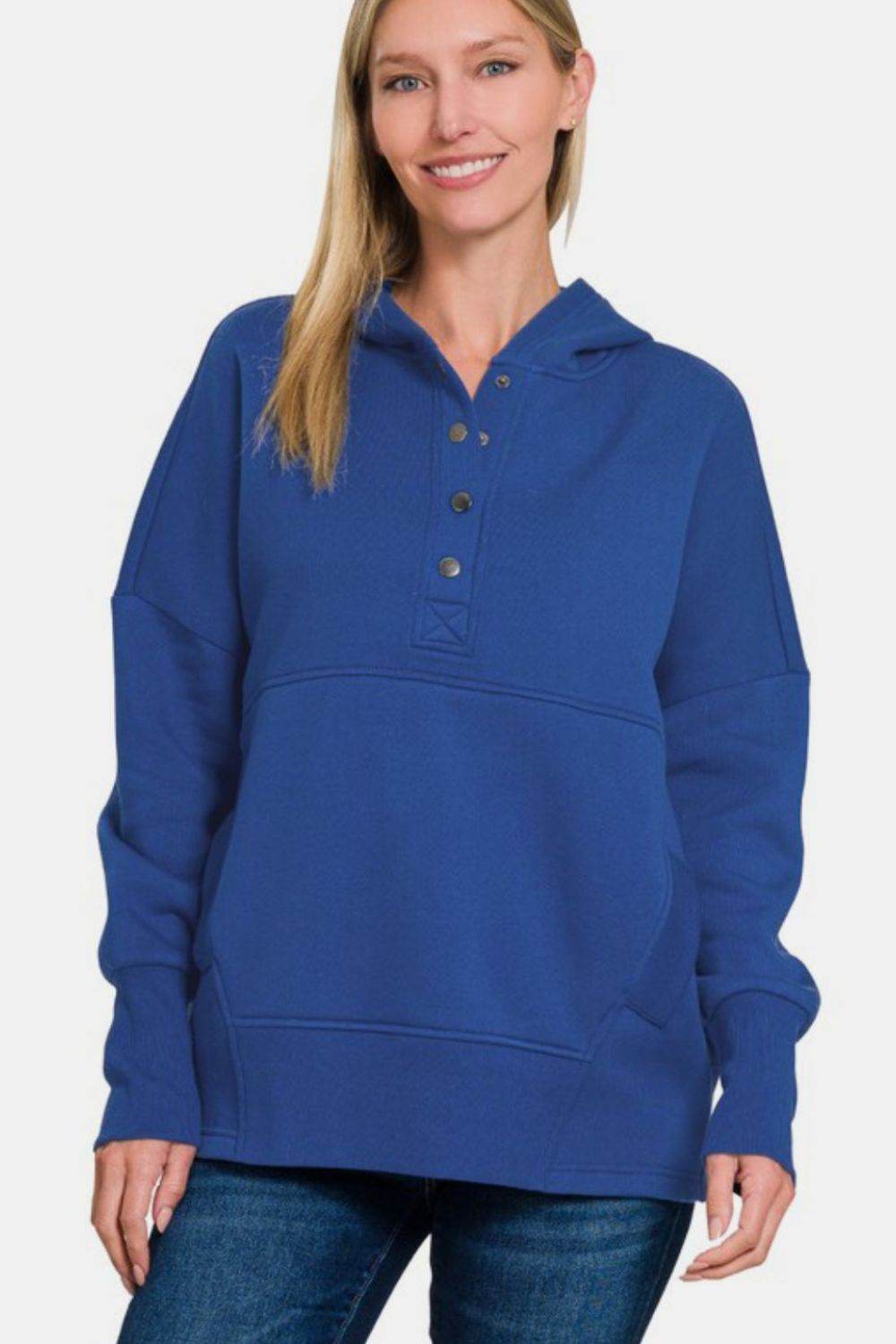 Zenana Half Snap Long Sleeve Hoodie with Kangaroo Pocket - Amexza