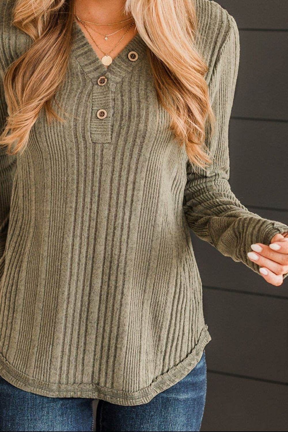 Ribbed Buttoned Long Sleeve Blouse for a perfect OOTD – dress to impress outfits from Amexza