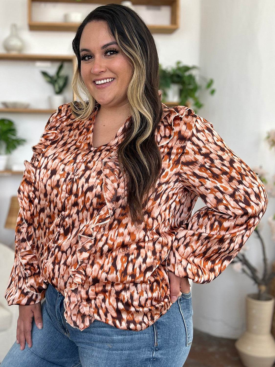 Double Take Full Size Printed Ruffle Trim Balloon Sleeve Shirt for a perfect OOTD – dress to impress outfits from Amexza