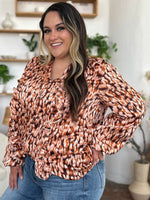 Double Take Full Size Printed Ruffle Trim Balloon Sleeve Shirt - Amexza