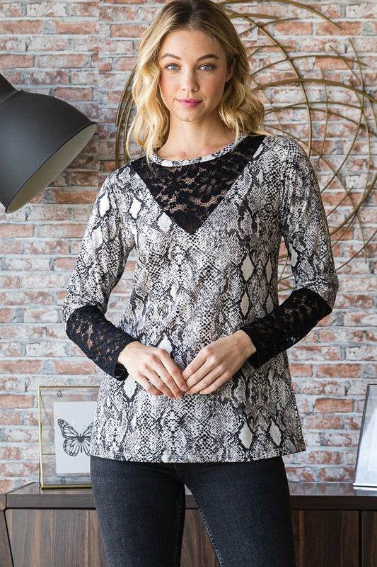 Heimish Full Size Snakeskin Print Round Neck Lace Contrast Top for a perfect OOTD – dress to impress outfits from Amexza