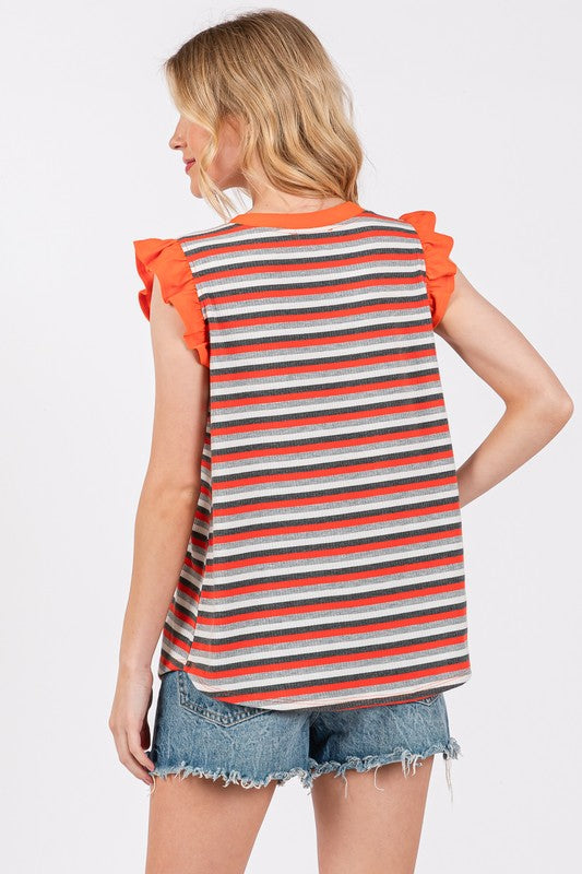 Ces Femme Striped Round Neck Ruffled Cap Sleeve Top