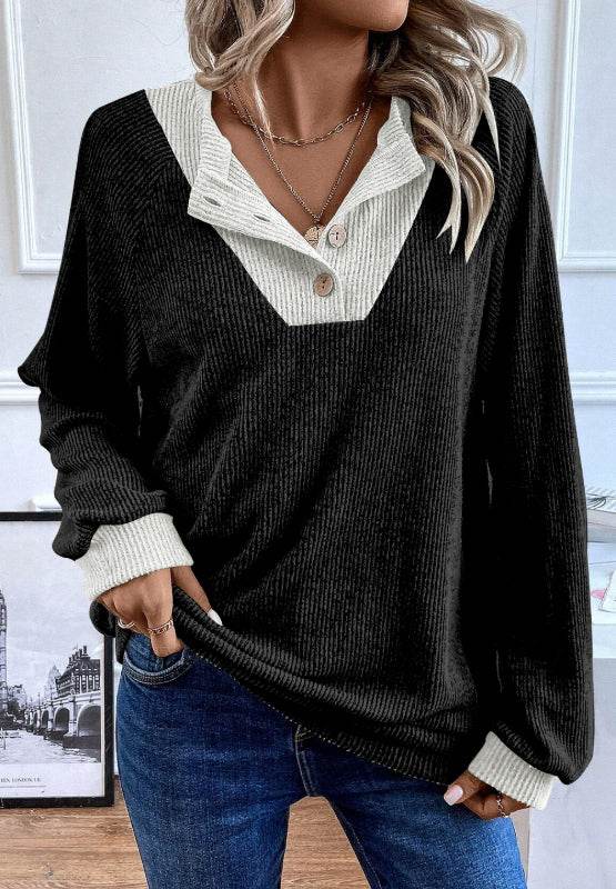 Contrast Quarter Button Round Neck Long Sleeve Top Black for a perfect OOTD – dress to impress outfits from Amexza