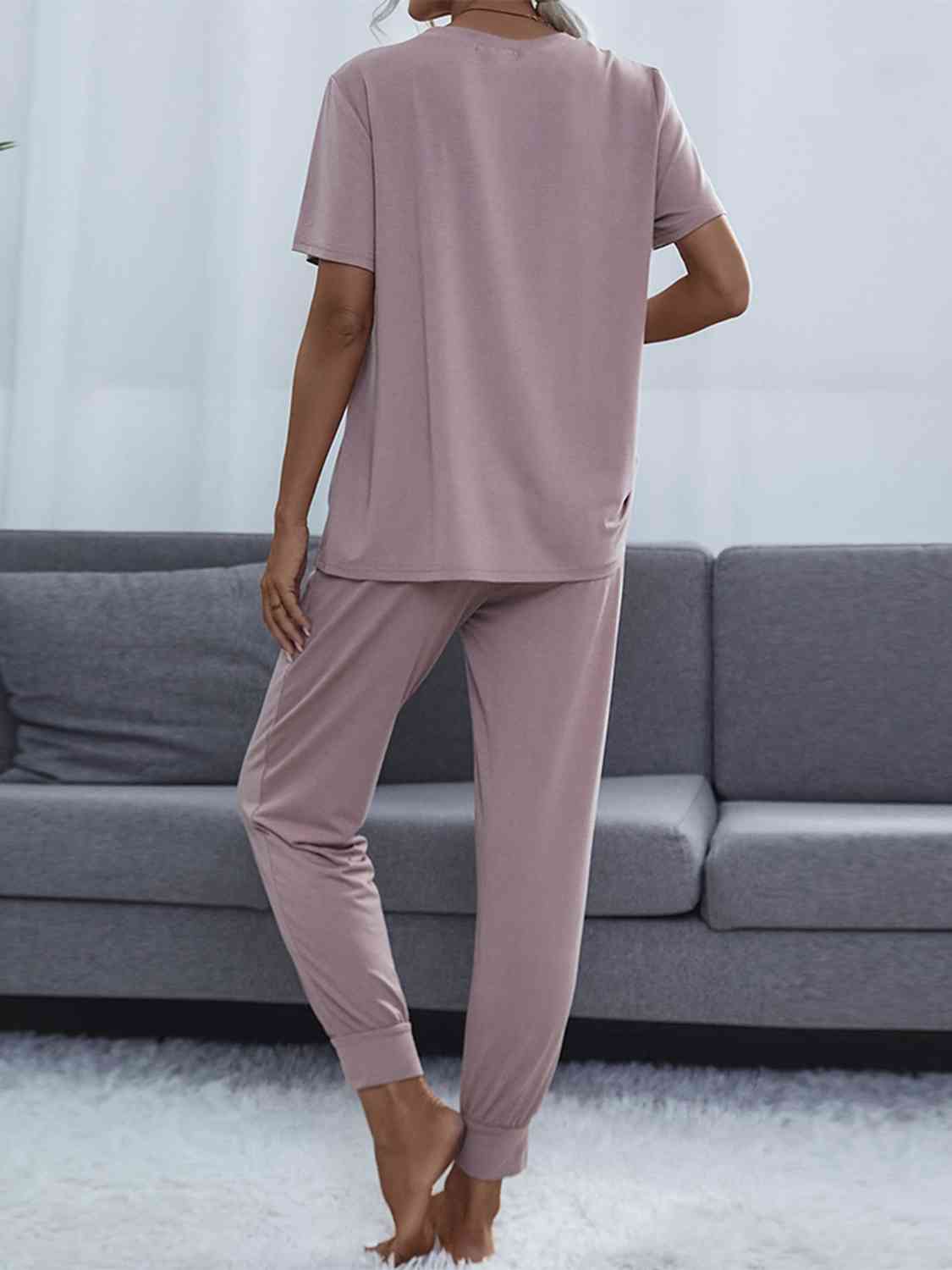 Shiny Round Neck Short Sleeve Top and Pants Set for a perfect OOTD – dress to impress outfits from Amexza