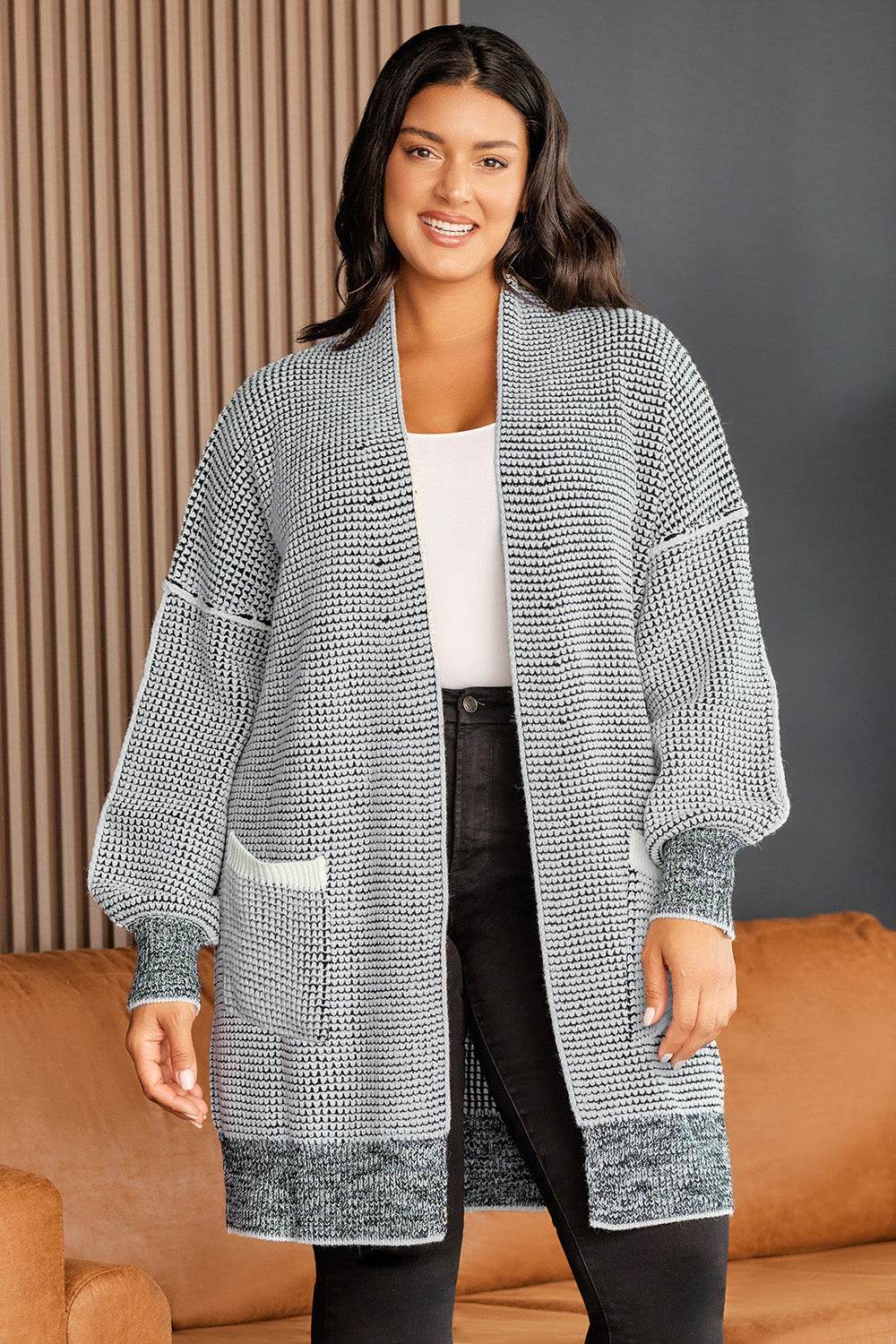 Plus Size Open Front Longline Cardigan Cloudy Blue for a perfect OOTD – dress to impress outfits from Amexza