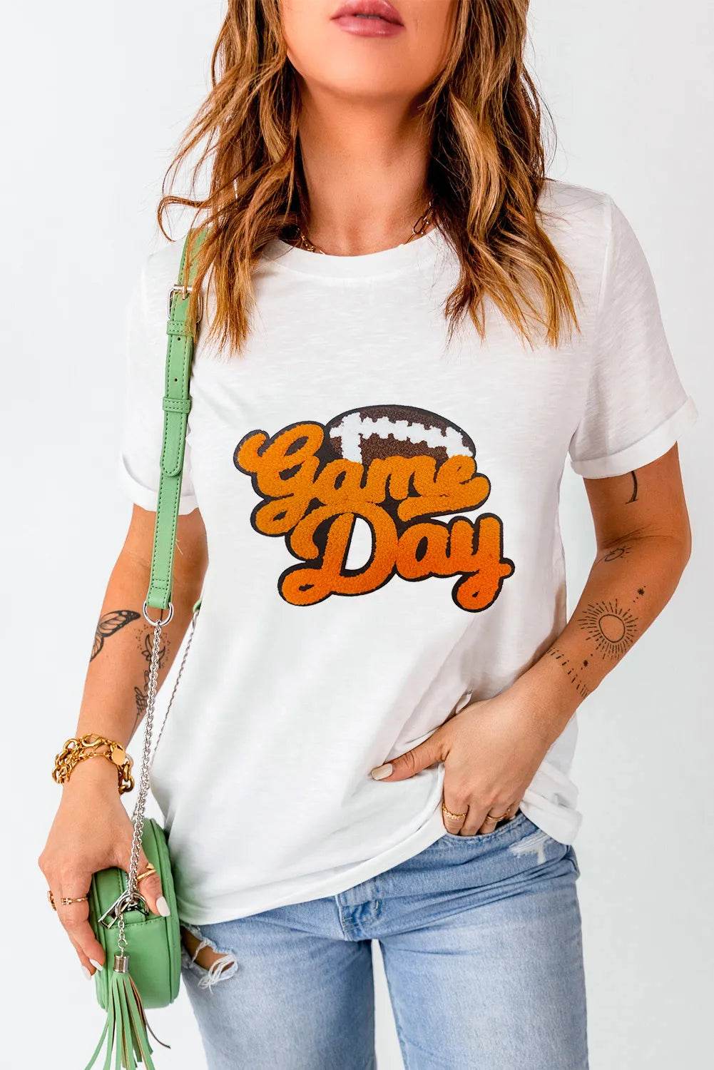 GAME DAY Round Neck Short Sleeve T-Shirt White for a perfect OOTD – dress to impress outfits from Amexza