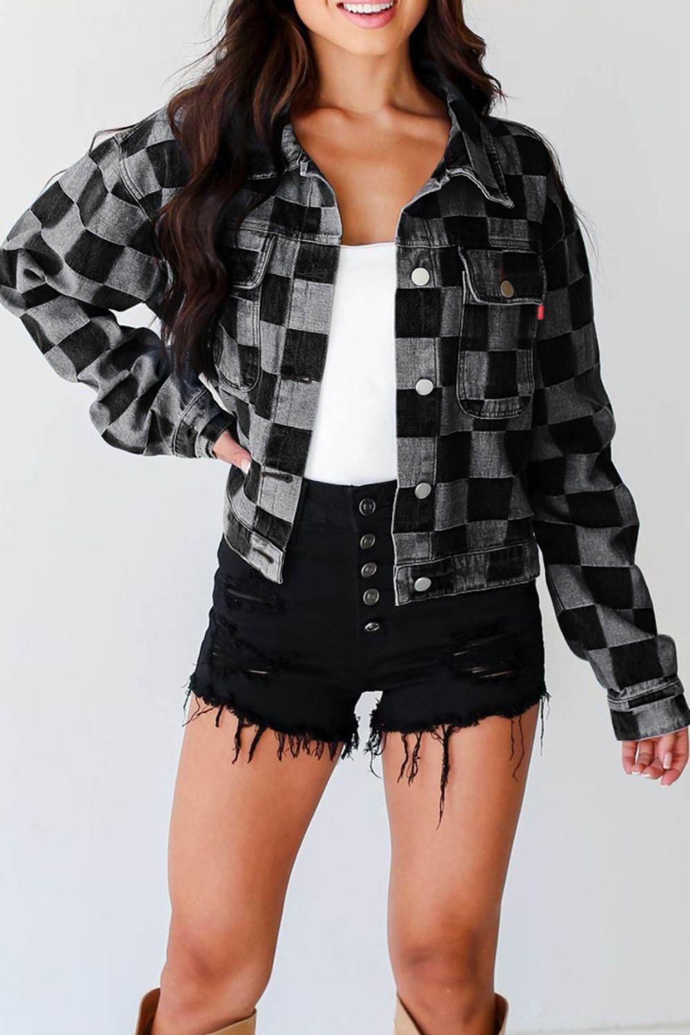 Checkered Button Up Denim Jacket for a perfect OOTD – dress to impress outfits from Amexza