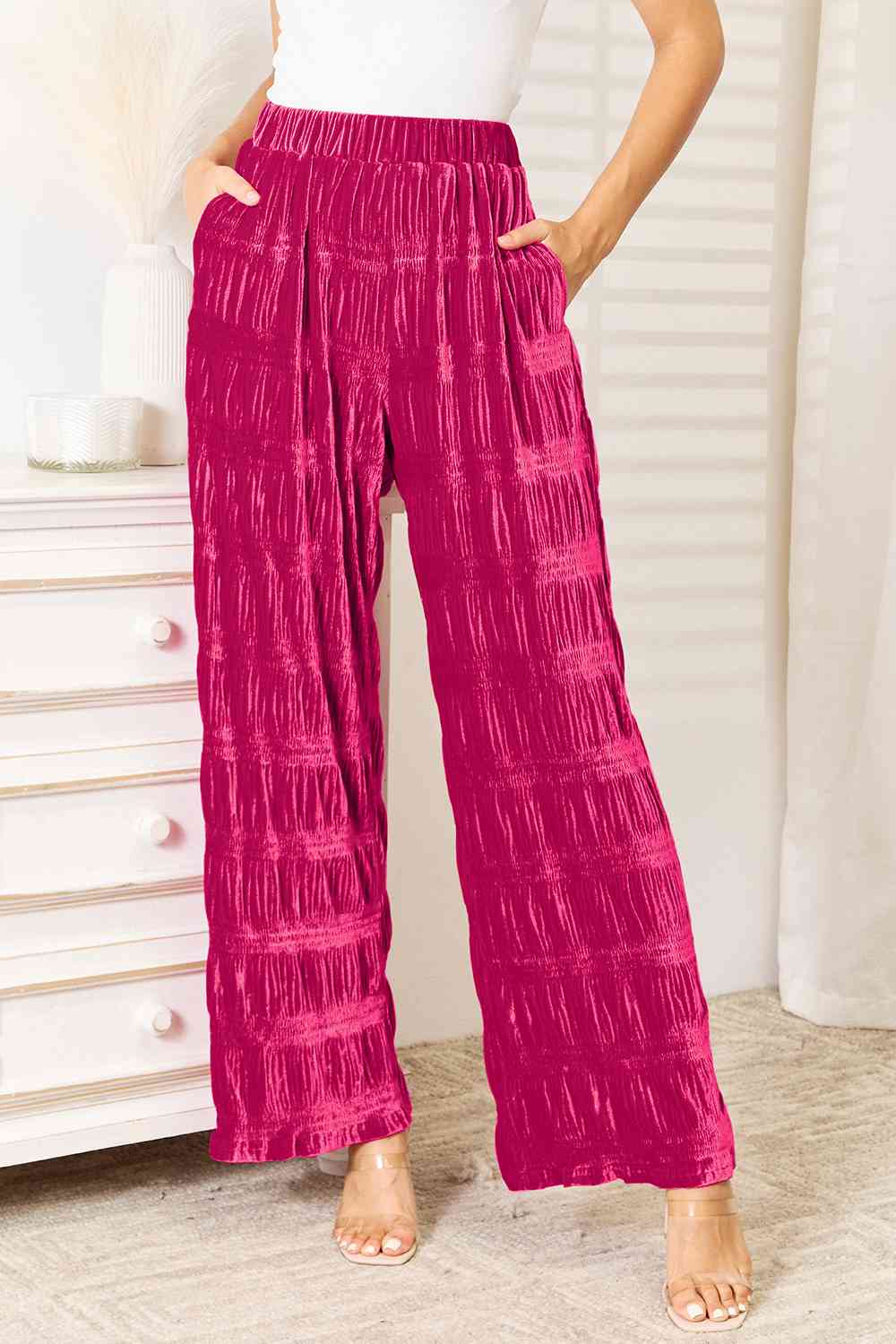 Double Take Full Size High Waist Tiered Shirring Velvet Wide Leg Pants Hot Pink for a perfect OOTD – dress to impress outfits from Amexza