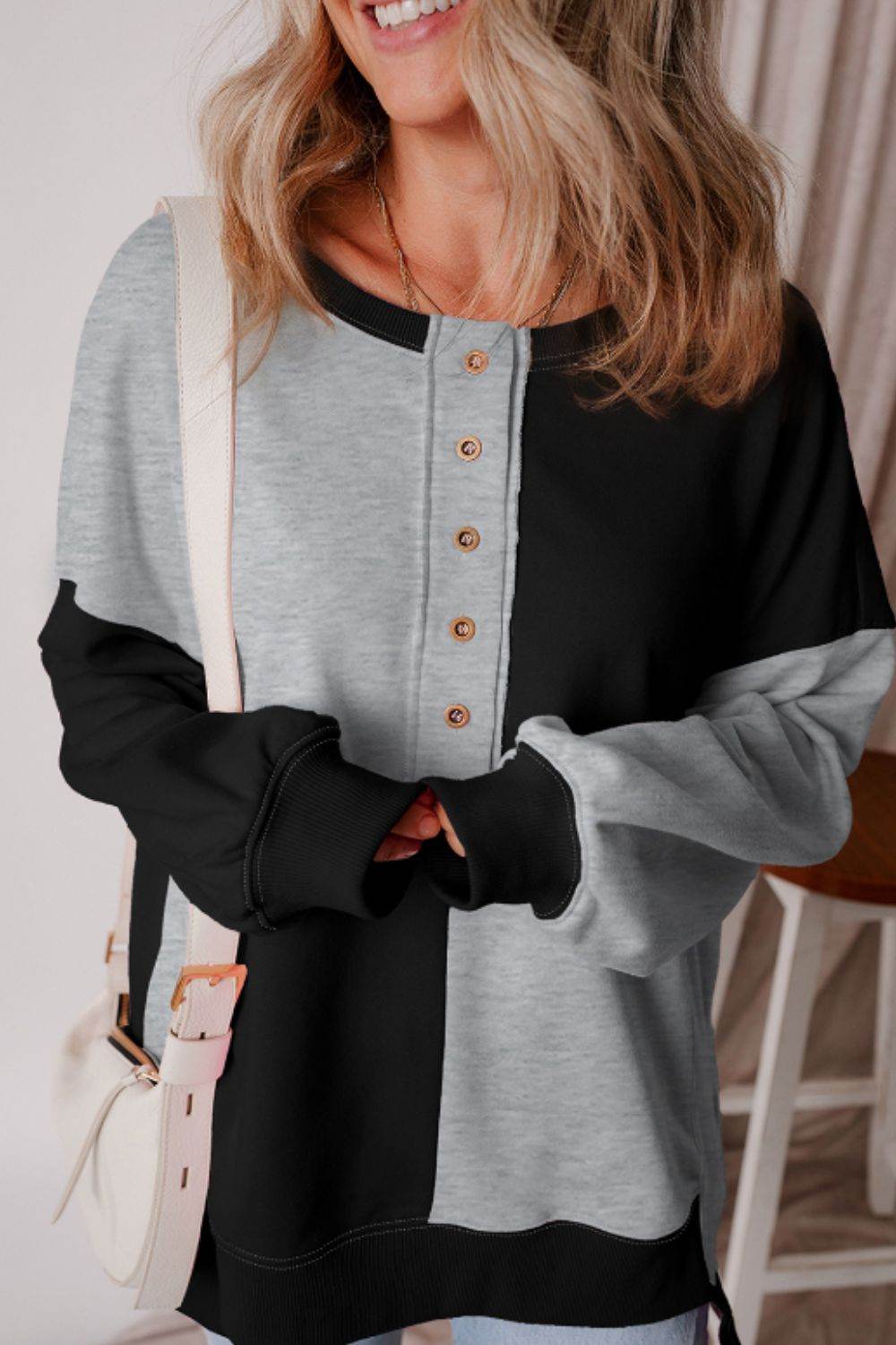 Color Block Half Button Long Sleeve Sweatshirt - Amexza