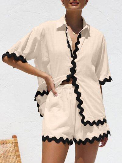 Contrast Trim Half Sleeve Top and Shorts Set Tan for a perfect OOTD – dress to impress outfits from Amexza