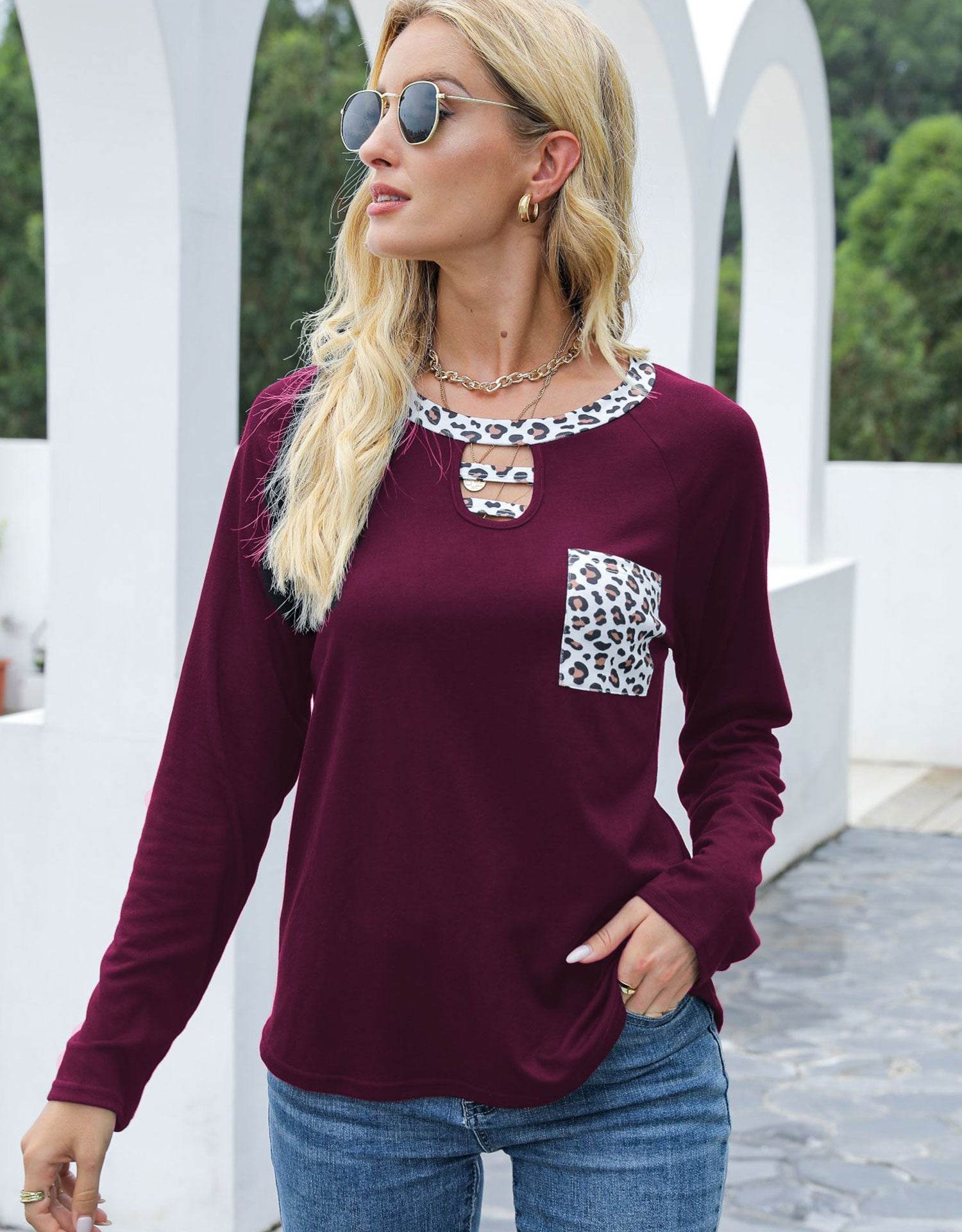 Cutout Leopard Round Neck Long Sleeve T-Shirt for a perfect OOTD – dress to impress outfits from Amexza