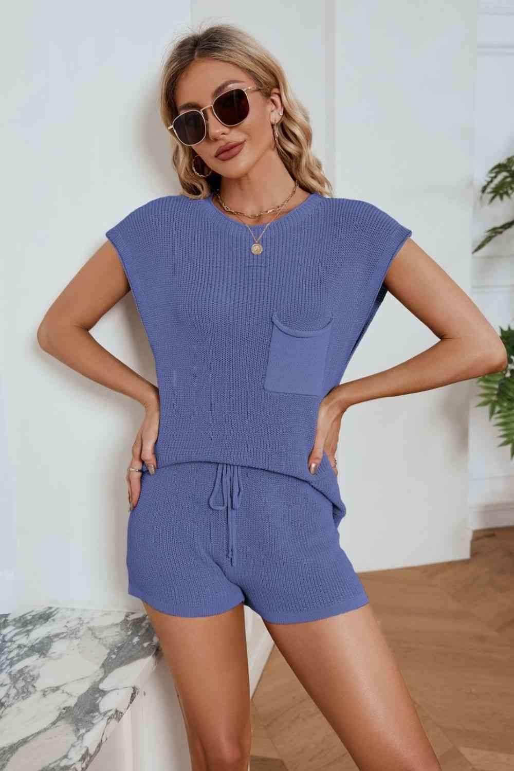 Round Neck Knit Top and Drawstring Shorts Set Cobalt Blue for a perfect OOTD – dress to impress outfits from Amexza