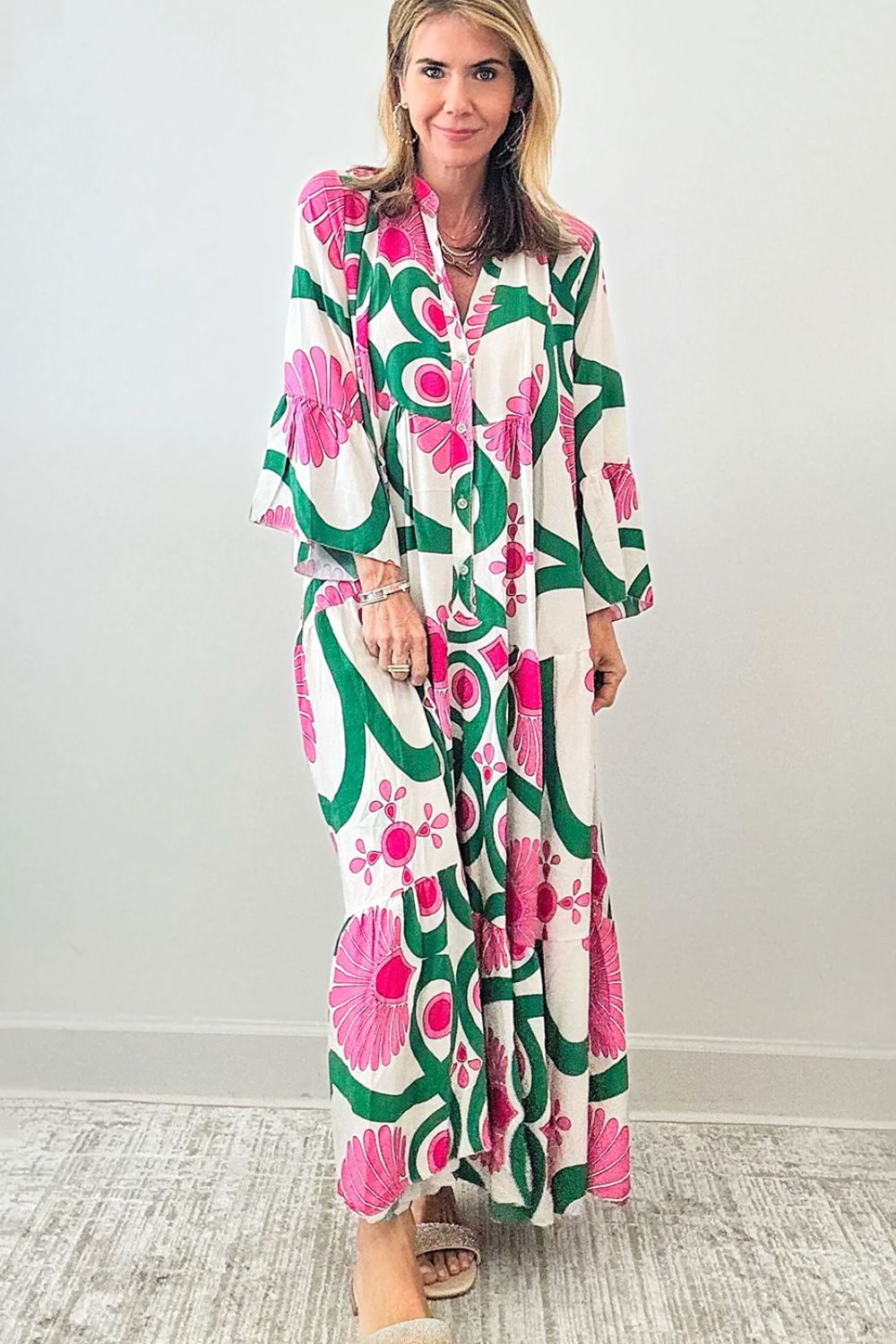 Printed Notched Long Sleeve Maxi Dress