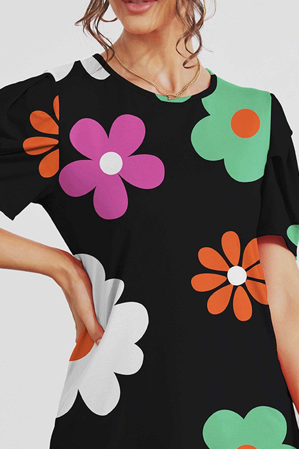 FAM-FAM Flower Round Neck Short Sleeve Blouse for a perfect OOTD – dress to impress outfits from Amexza