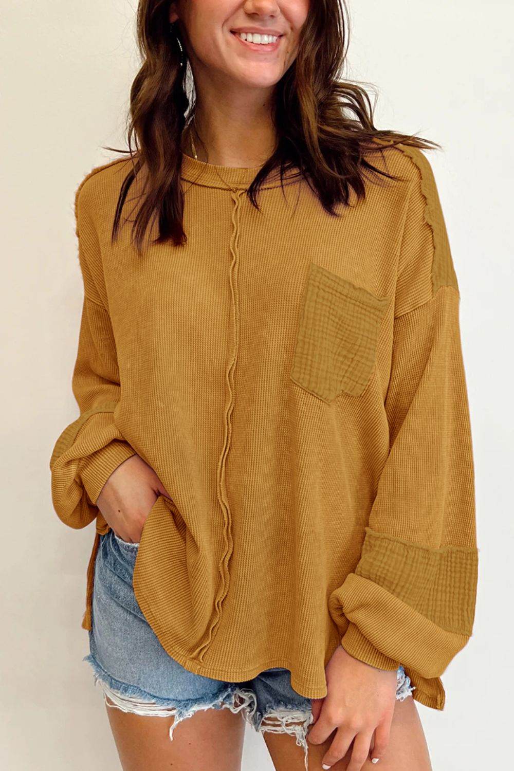 Exposed Seam Round Neck Long Sleeve Sweatshirt - Amexza