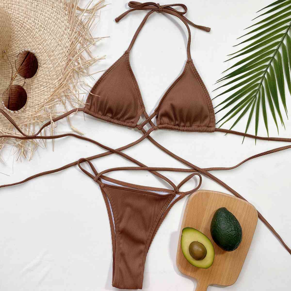 Halter Neck Crisscross Ribbed Bikini Set for a perfect OOTD – dress to impress outfits from Amexza