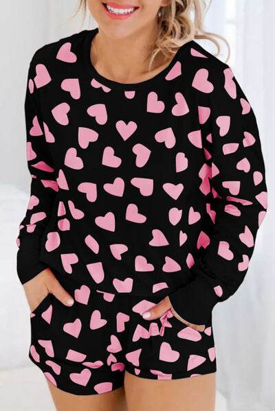 Heart Print Long Sleeve Top and Shorts Lounge Set Black for a perfect OOTD – dress to impress outfits from Amexza