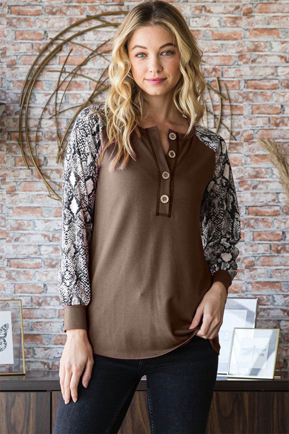 Heimish Full Size Snakeskin Print Raglan Sleeve Half Button Top Coffee Brown for a perfect OOTD – dress to impress outfits from Amexza