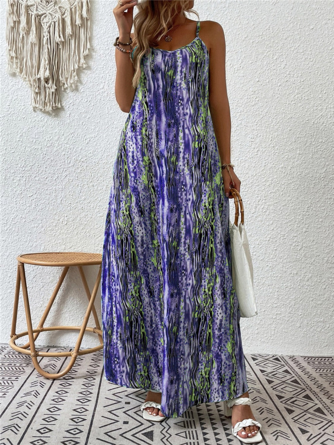 Full Size Printed Scoop Neck Maxi Cami Dress - Electric Purple / S