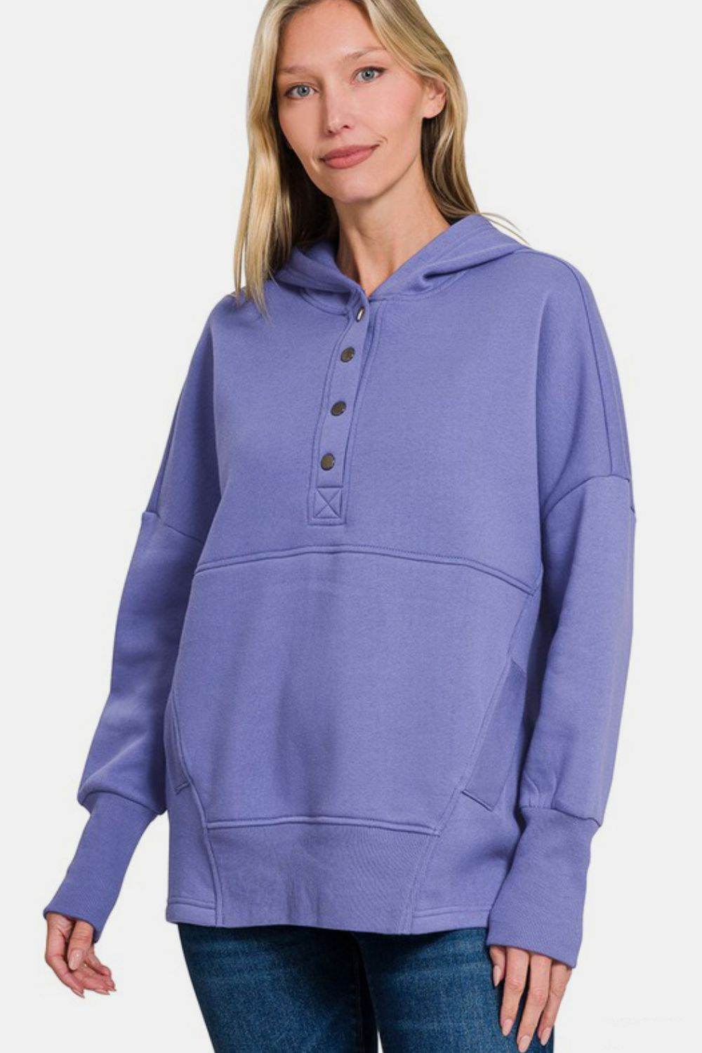 Zenana Half Snap Long Sleeve Hoodie with Kangaroo Pocket for a perfect OOTD – dress to impress outfits from Amexza