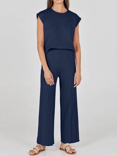 Round Neck Cap Sleeve Top and Pants Knit Set Dark Blue for a perfect OOTD – dress to impress outfits from Amexza