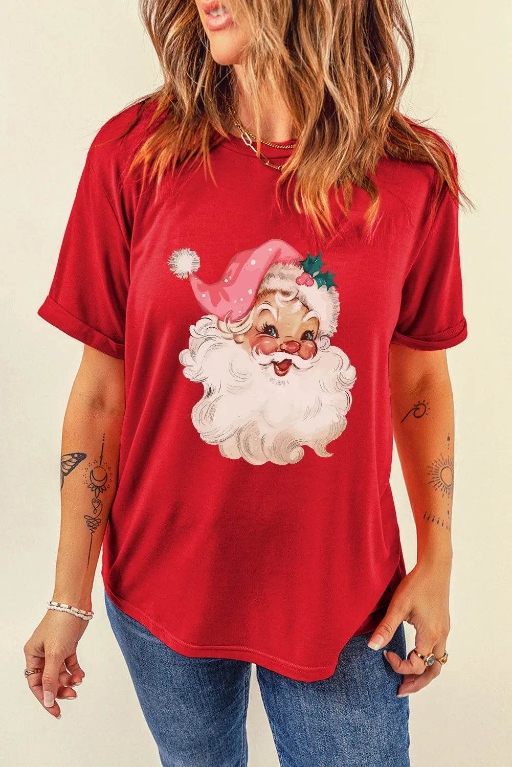 Santa Round Neck Short Sleeve T-Shirt - Amexza