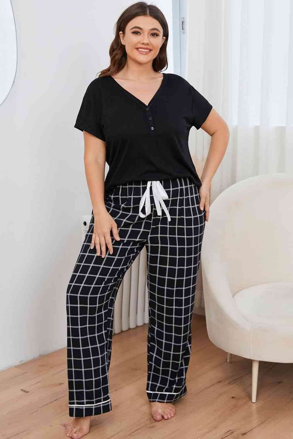 Plus Size V-Neck Top and Plaid Pants Lounge Set Black for a perfect OOTD – dress to impress outfits from Amexza