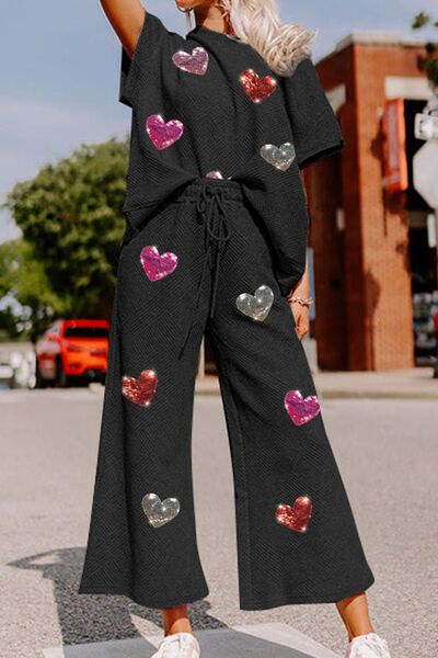 Heart Sequin Short Sleeve Top and Drawstring Pants Lounge Set for a perfect OOTD – dress to impress outfits from Amexza