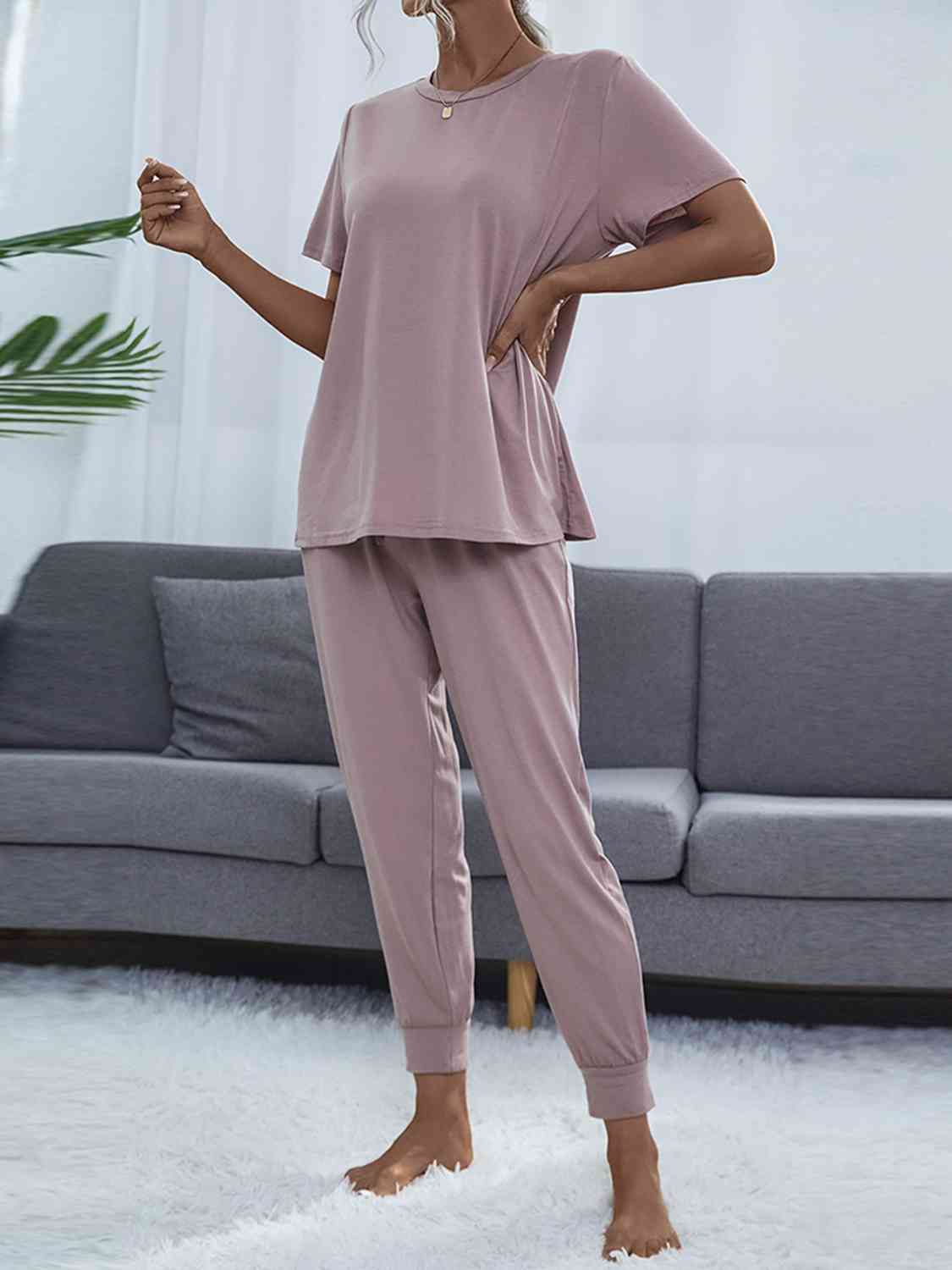 Shiny Round Neck Short Sleeve Top and Pants Set for a perfect OOTD – dress to impress outfits from Amexza