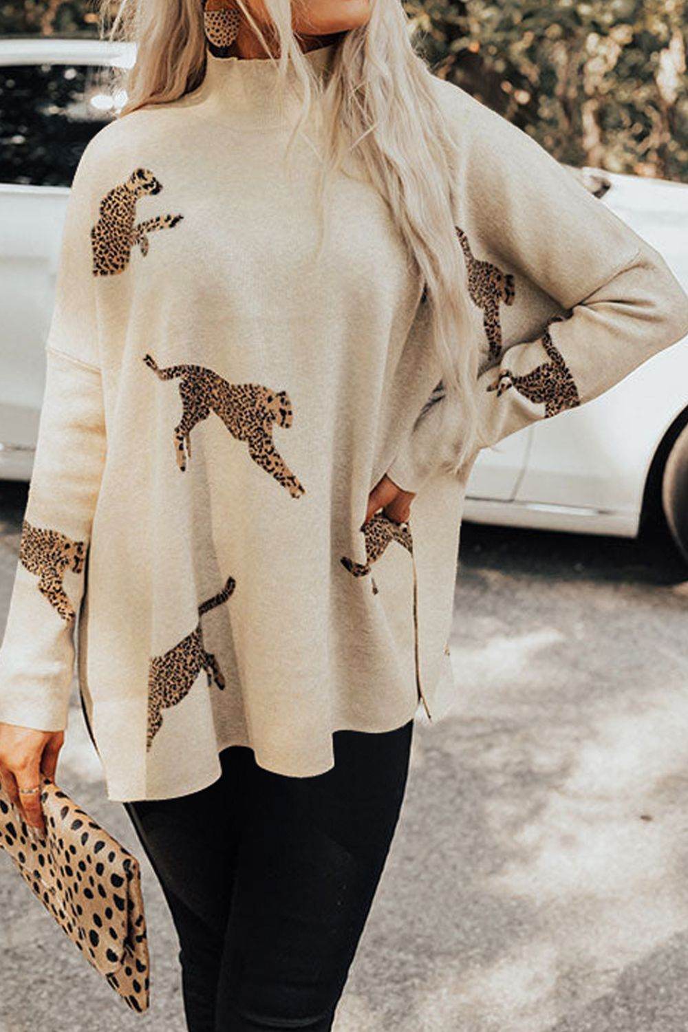 Animal Pattern Mock Neck Long Sleeve Slit Sweater Cream for a perfect OOTD – dress to impress outfits from Amexza