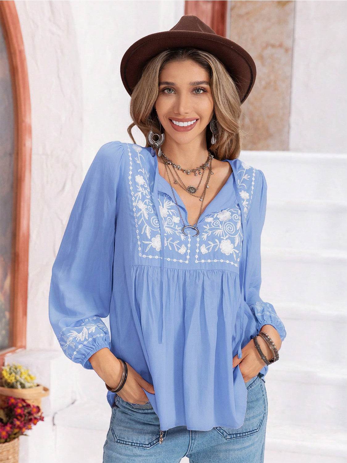 Floral Tie Neck Balloon Sleeve Blouse Misty Blue for a perfect OOTD – dress to impress outfits from Amexza