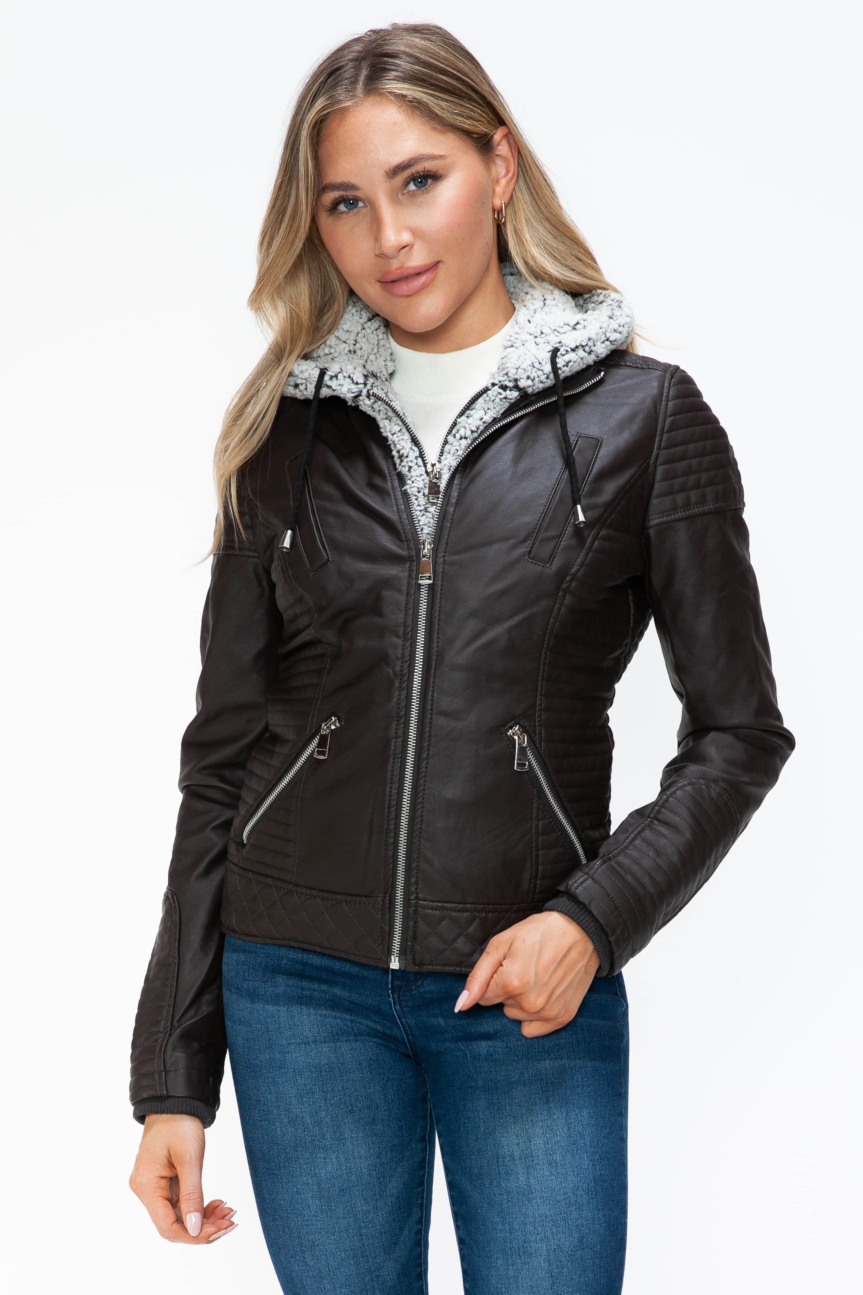 YMI Faux Layered Double-Zipper Jacket with Fuzzy Hood Chocolate for a perfect OOTD – dress to impress outfits from Amexza