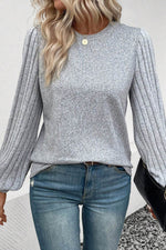 Ribbed Round Neck Long Sleeve Knit Top - Amexza