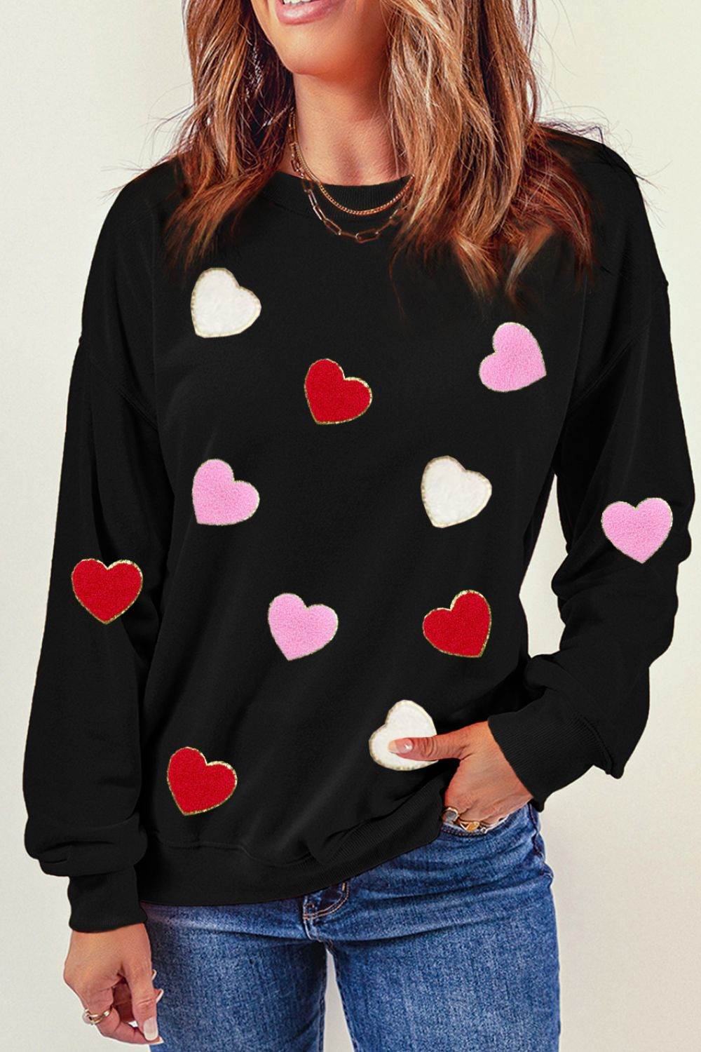 Valentine's Day Contrast Heart Long Sleeve Sweatshirt Black for a perfect OOTD – dress to impress outfits from Amexza