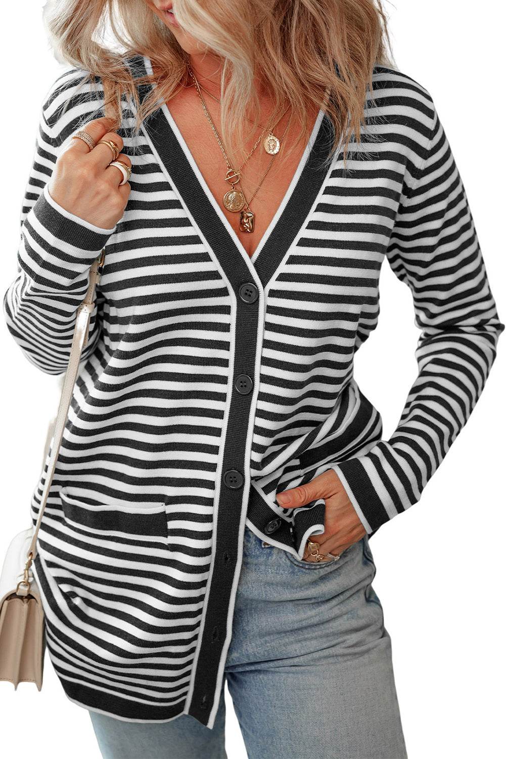 Striped Open Front Long Sleeve Cardigan - Amexza