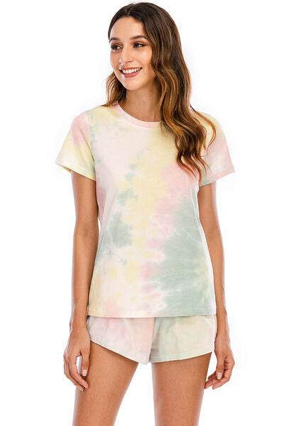 Tie-Dye Round Neck Short Sleeve Top and Shorts Lounge Set for a perfect OOTD – dress to impress outfits from Amexza