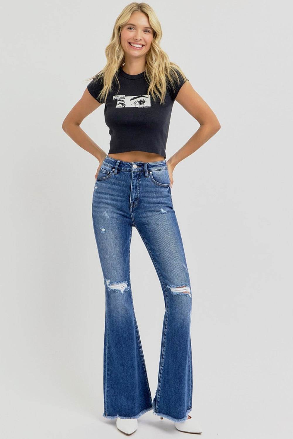 RISEN Full Size High Rise Distressed Raw Hem Flare Jeans for a perfect OOTD – dress to impress outfits from Amexza