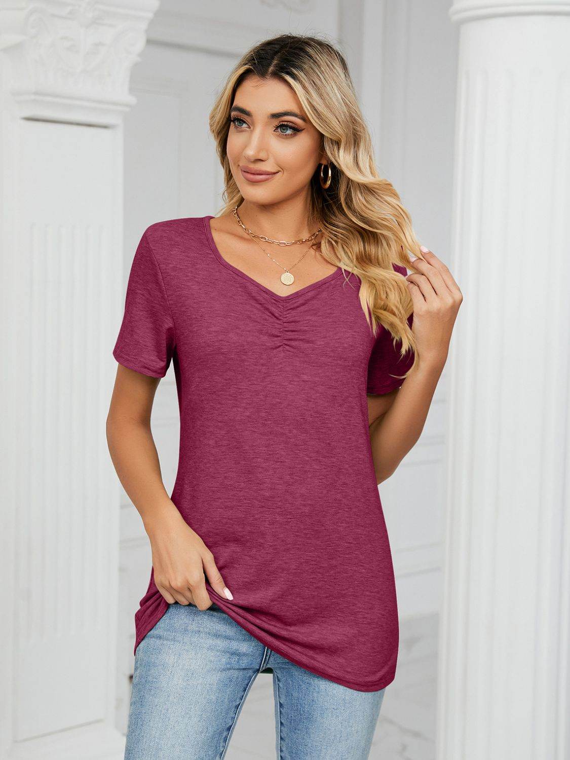 Ruched V-Neck Short Sleeve T-Shirt for a perfect OOTD – dress to impress outfits from Amexza