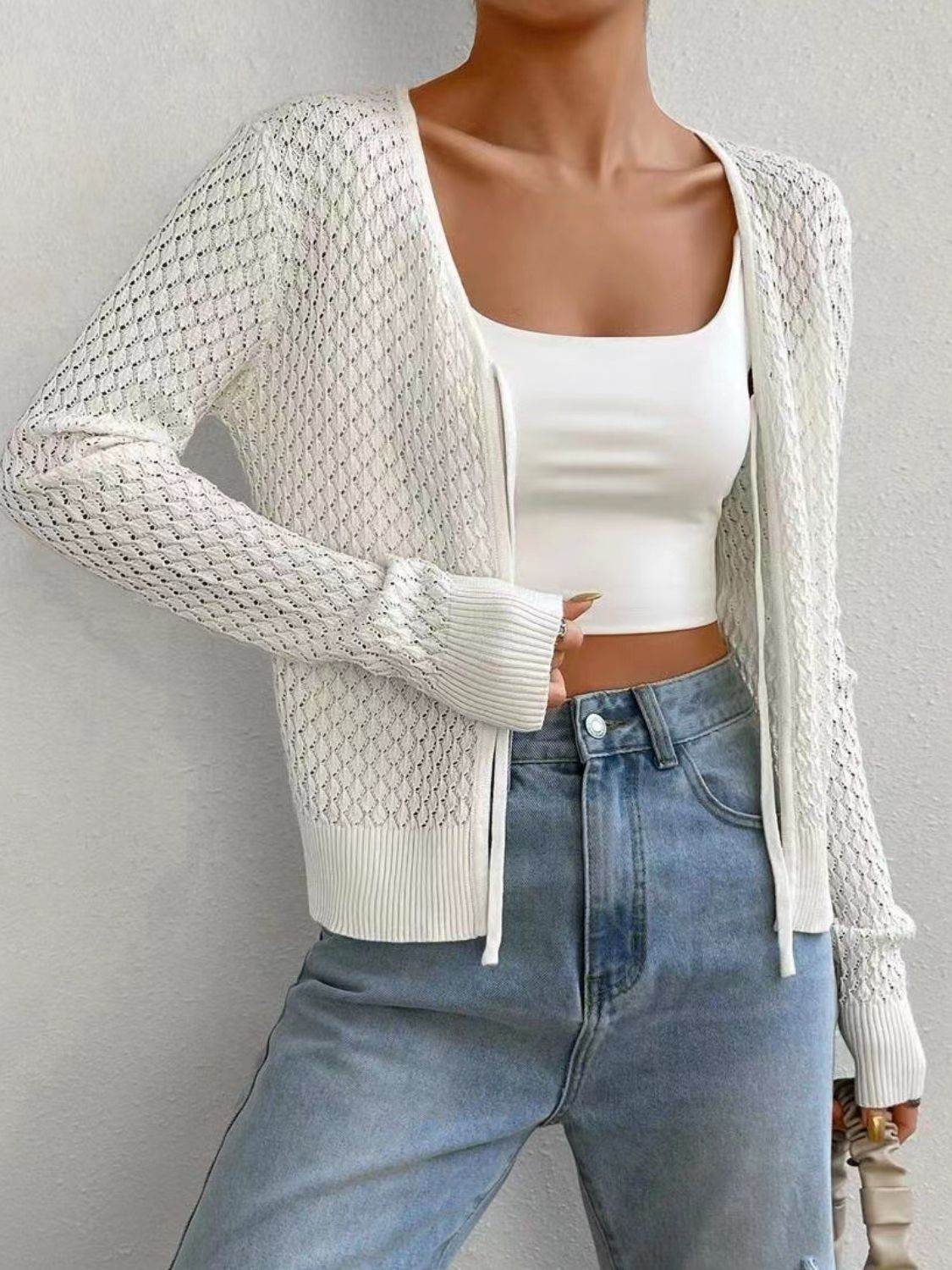 Tied Openwork V-Neck Long Sleeve Cardigan - Amexza