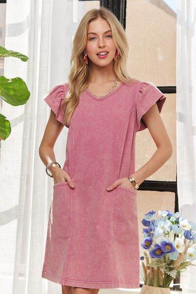 ADORA Mineral Washed V-Neck Ruffled Cap Sleeve Dress for a perfect OOTD – dress to impress outfits from Amexza